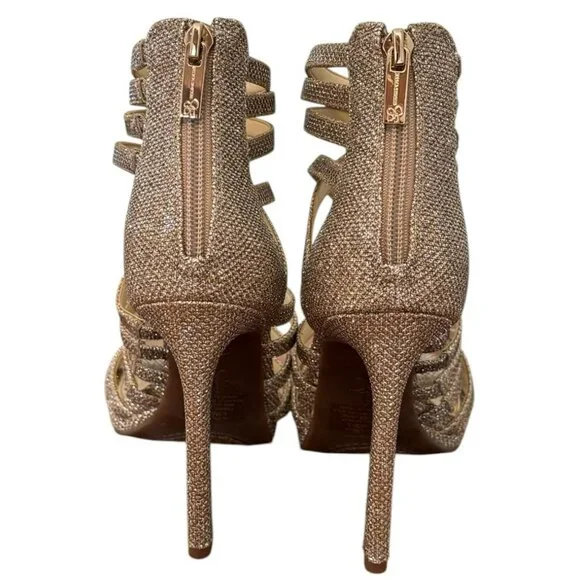 NWOT Jessica Simpson Palkaya Gold Glitter Strappy Stiletto Heel Sandals  4.25" - Picture 4 of 9